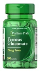 Железо глюконат, Ferrous Gluconate, Puritan's Pride, 28 мг, 100 таблеток