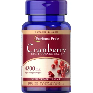 Журавлина з вітамінами С та Е, Cranberry Fruit Concentrate, Puritan's Pride, фруктовий концентрат, 4200 мг, 100 гелевих капсул