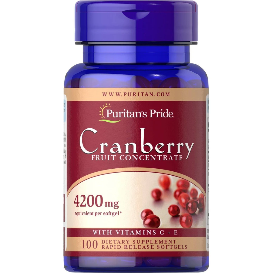 Журавлина з вітамінами С та Е, Cranberry Fruit Concentrate, Puritan's Pride, фруктовий концентрат, 4200 мг, 100 гелевих капсул: ціни та характеристики