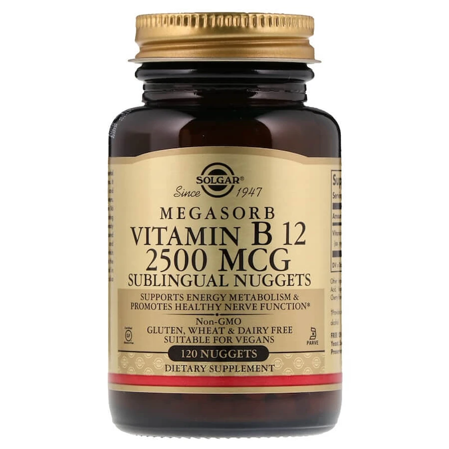 Вітамін В12 (кобаламін), Megasorb Vitamin B12, Solgar, сублінгвальний, 2500 мкг, 120 таблеток: ціни та характеристики