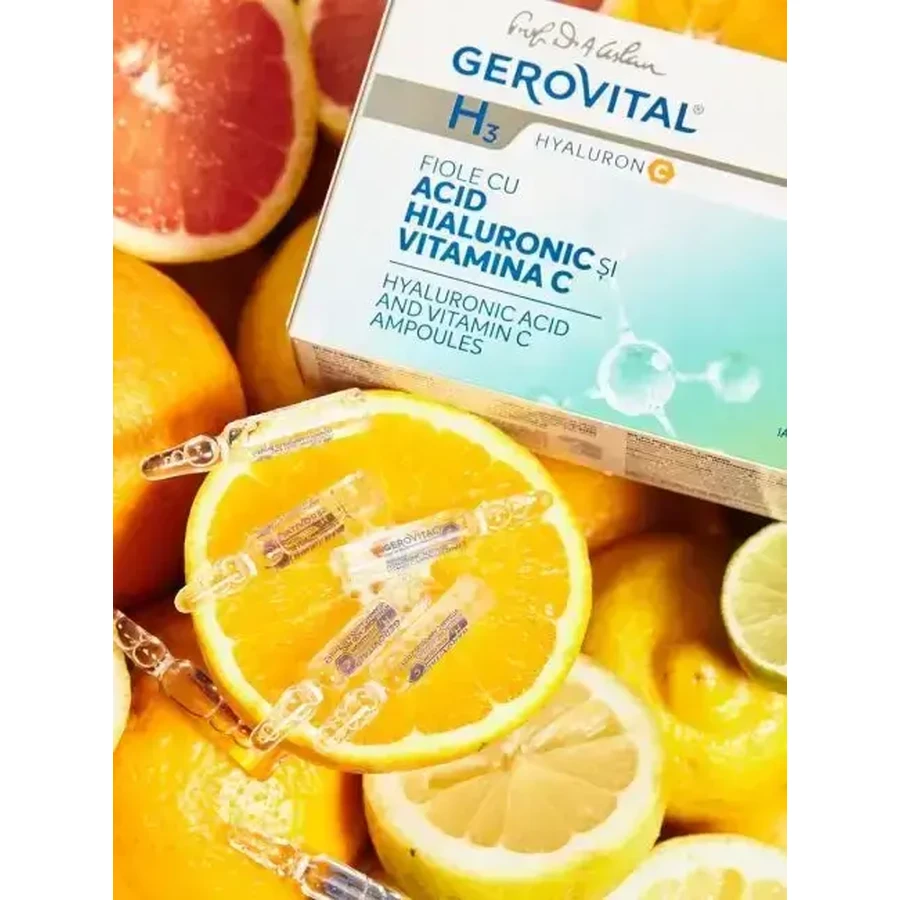 Ампули з гіалуроновою кислотою та вітаміном С Gerovital H3 Hyaluronic C, 10 х 2 мл, Farmec: ціни та характеристики