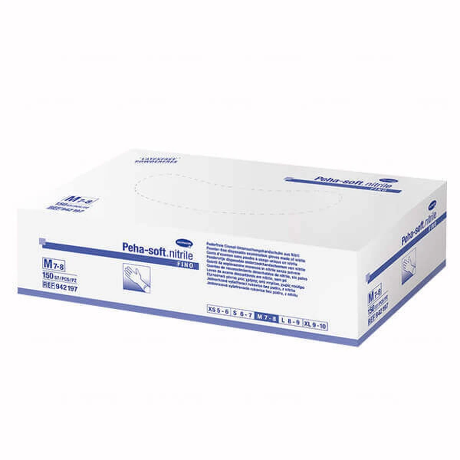 Peha-soft nitrile fino, нітрилові рукавички без пудри, сині, розмір M, 150 штук ПОШКОДЖЕНА УПАКОВКА: ціни та характеристики