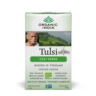Органічний зелений чай Tulsi, 18 пакетиків, Органічна Індія