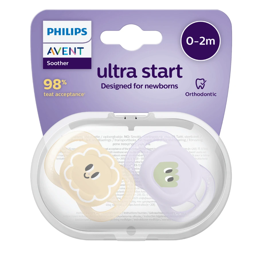 Пустышка Philips Avent Ultra Start, 0-2 месяца, 2 штуки, фиолетовый/оранжевый, глазки, SCF075/03, Philips: цены и характеристики