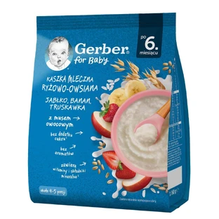 Суха молочна каша Gerber Рисово-вівсяна з яблуком, бананом та полуницею, без додавання цукру, після 6 місяців, 160 г