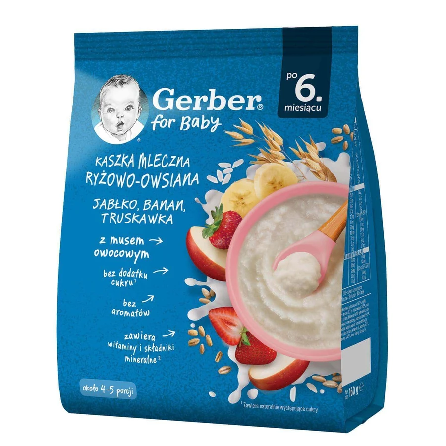 Суха молочна каша Gerber Рисово-вівсяна з яблуком, бананом та полуницею, без додавання цукру, після 6 місяців, 160 г: ціни та характеристики
