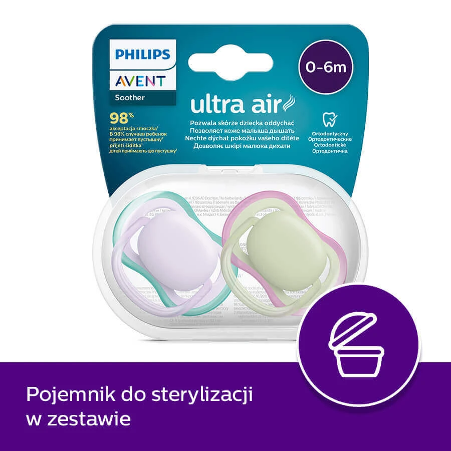 Avent Ultra Air, пустышка, силиконовая, симметричная, унисекс, SCF085/24, 0-6 месяцев, 2 штуки: цены и характеристики