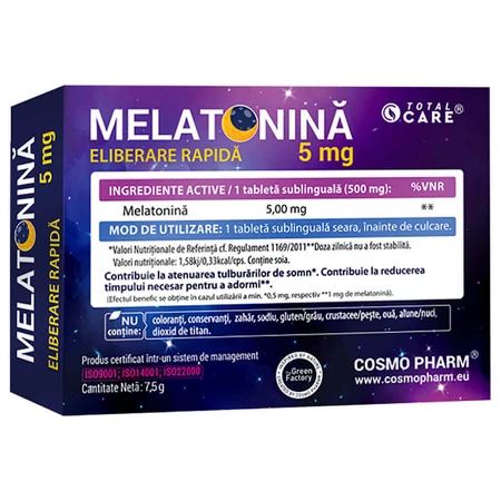 Мелатонин 5 мг Cosmopharm быстрого высвобождения, 30 сублингвальных таблеток: цены и характеристики