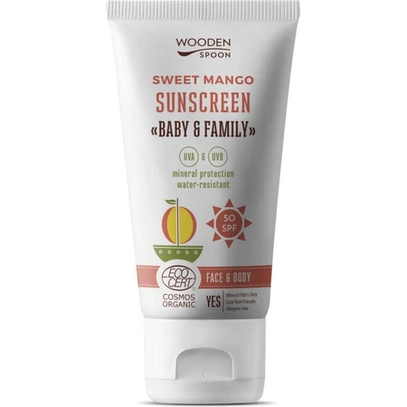 Ложка дерев'яна Сонцезахисний лосьйон для тіла Mango Baby & Family SPF 50 1×100 мл, Сонцезахисний лосьйон для тіла: ціни та характеристики
