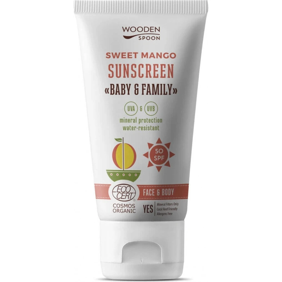 Ложка дерев'яна Сонцезахисний лосьйон для тіла Mango Baby & Family SPF 50 1×100 мл, Сонцезахисний лосьйон для тіла: ціни та характеристики