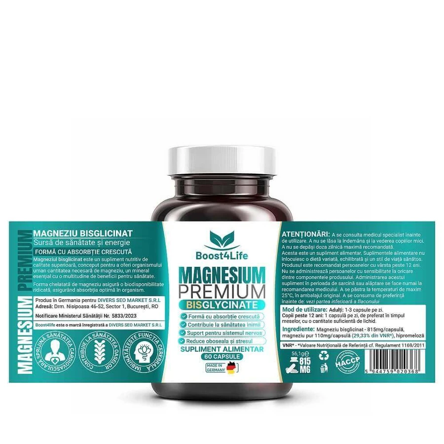 Магнію Бісгліцинат Преміум Boost4Life Magneziu Bisglicinat Premium, 60 капсул: ціни та характеристики