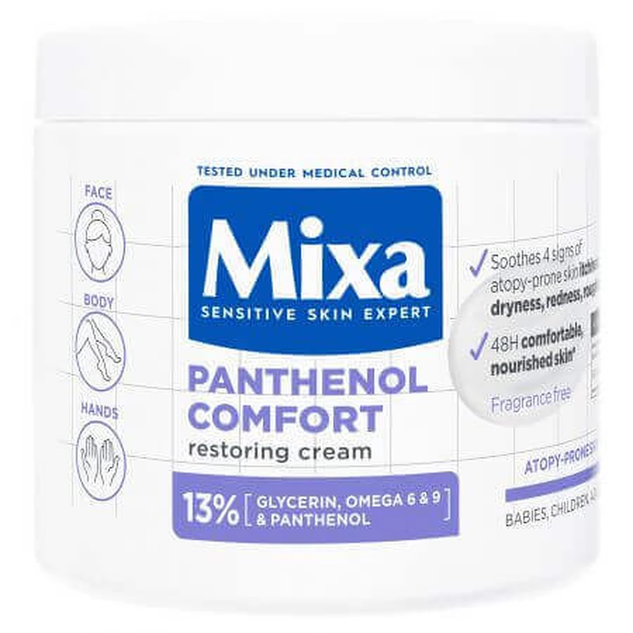 Крем для обличчя та тіла Mixa Panthenol Comfort відновлювальний та заспокійливий, 400 мл: ціни та характеристики