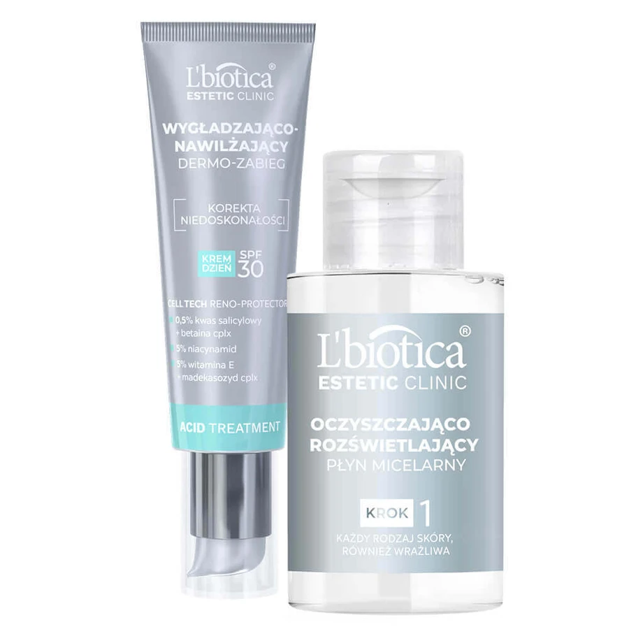 L'Biotica Estetic Clinic Acid, зігріваючий та зволожуючий дермо-крем, SPF 30, 35 мл + очищуючий та освітлюючий міцелярний лосьйон, 50 мл безкоштовно: ціни та характеристики