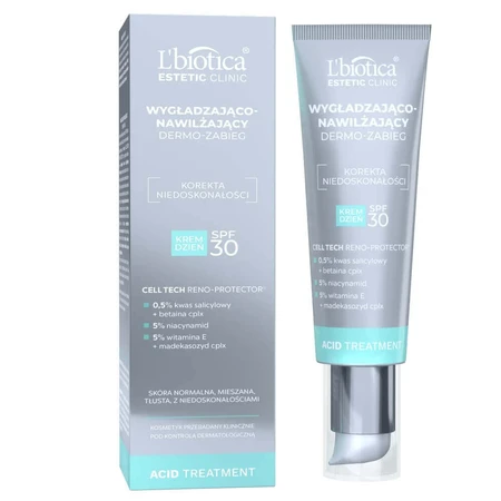 L'Biotica Estetic Clinic Acid, зігріваючий та зволожуючий дермо-крем, SPF 30, 35 мл + очищуючий та освітлюючий міцелярний лосьйон, 50 мл безкоштовно: ціни та характеристики