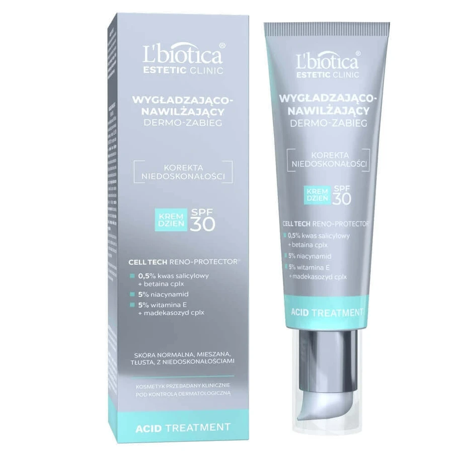 L'Biotica Estetic Clinic Acid, зігріваючий та зволожуючий дермо-крем, SPF 30, 35 мл + очищуючий та освітлюючий міцелярний лосьйон, 50 мл безкоштовно: ціни та характеристики