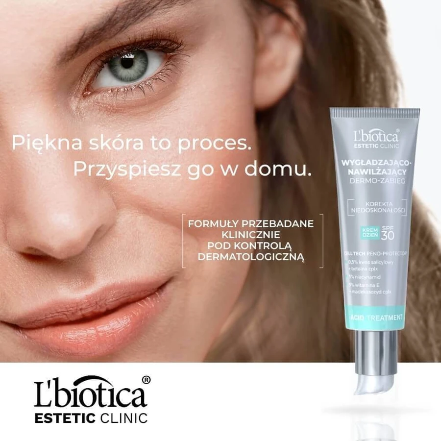 L'Biotica Estetic Clinic Acid, зігріваючий та зволожуючий дермо-крем, SPF 30, 35 мл + очищуючий та освітлюючий міцелярний лосьйон, 50 мл безкоштовно: ціни та характеристики