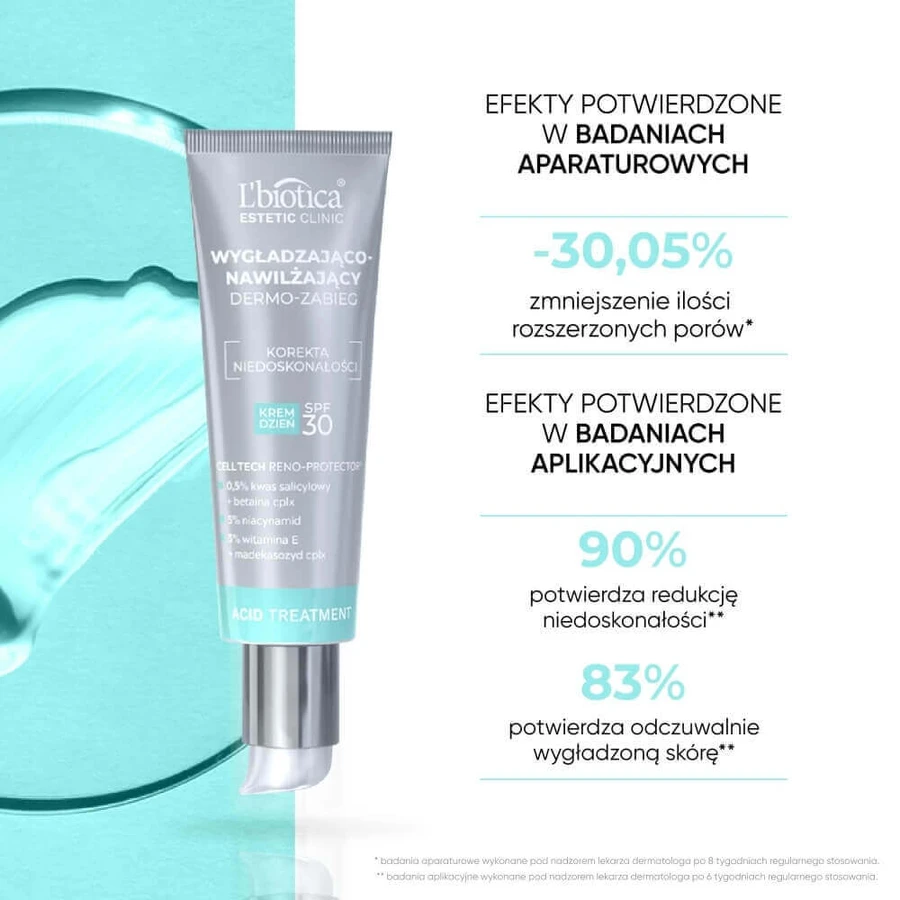 L'Biotica Estetic Clinic Acid, зігріваючий та зволожуючий дермо-крем, SPF 30, 35 мл + очищуючий та освітлюючий міцелярний лосьйон, 50 мл безкоштовно: ціни та характеристики
