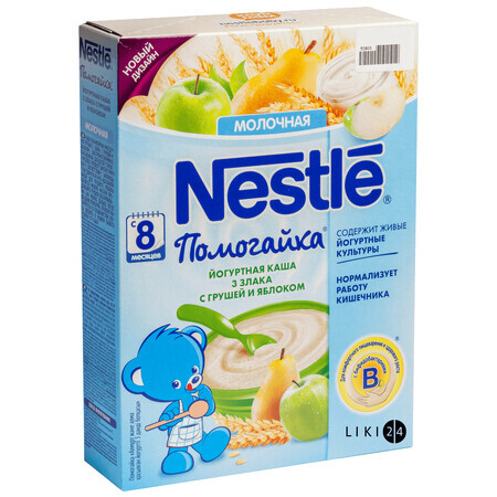 Детская каша Nestle Помогайка 3 злака с грушей и яблоком йогуртная с 8 месяцев, 200 г