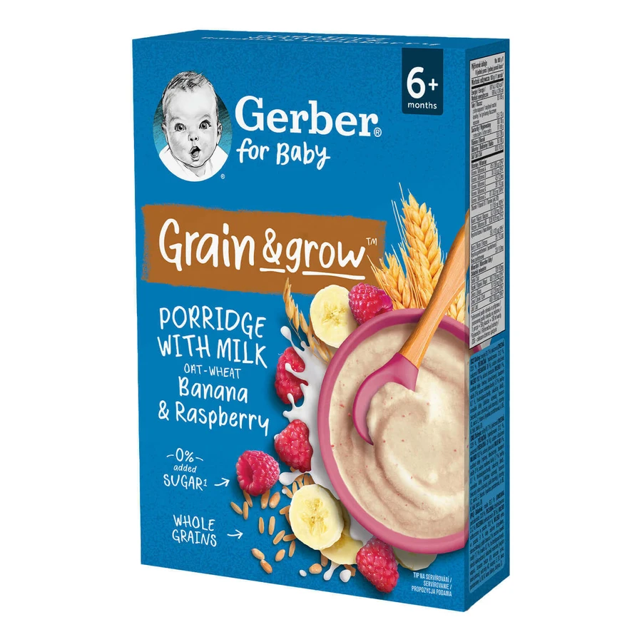 Сухая овсяно-пшеничная молочная каша Gerber Grain & Grow Banana Raspberry, после 6 месяцев, 200 г: цены и характеристики