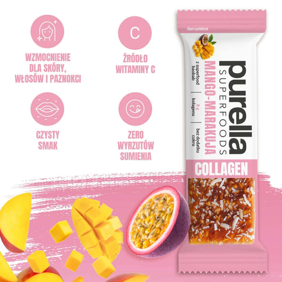 Колагеновий батончик Purella SuperFoods, манго-маракуйя, 40 г: ціни та характеристики