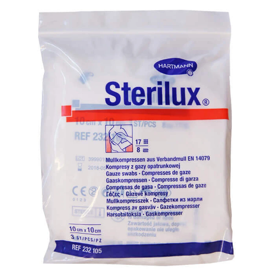 Sterilux, марлеві тампони, 17 ниток, 8 шарів, 10 см х 10 см, 3 шт.: ціни та характеристики