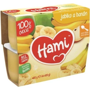 Хамі фруктове харчування 100% фрукти Яблуко та банан 4×100 г, перша ложка (з кінця 4-го місяця)