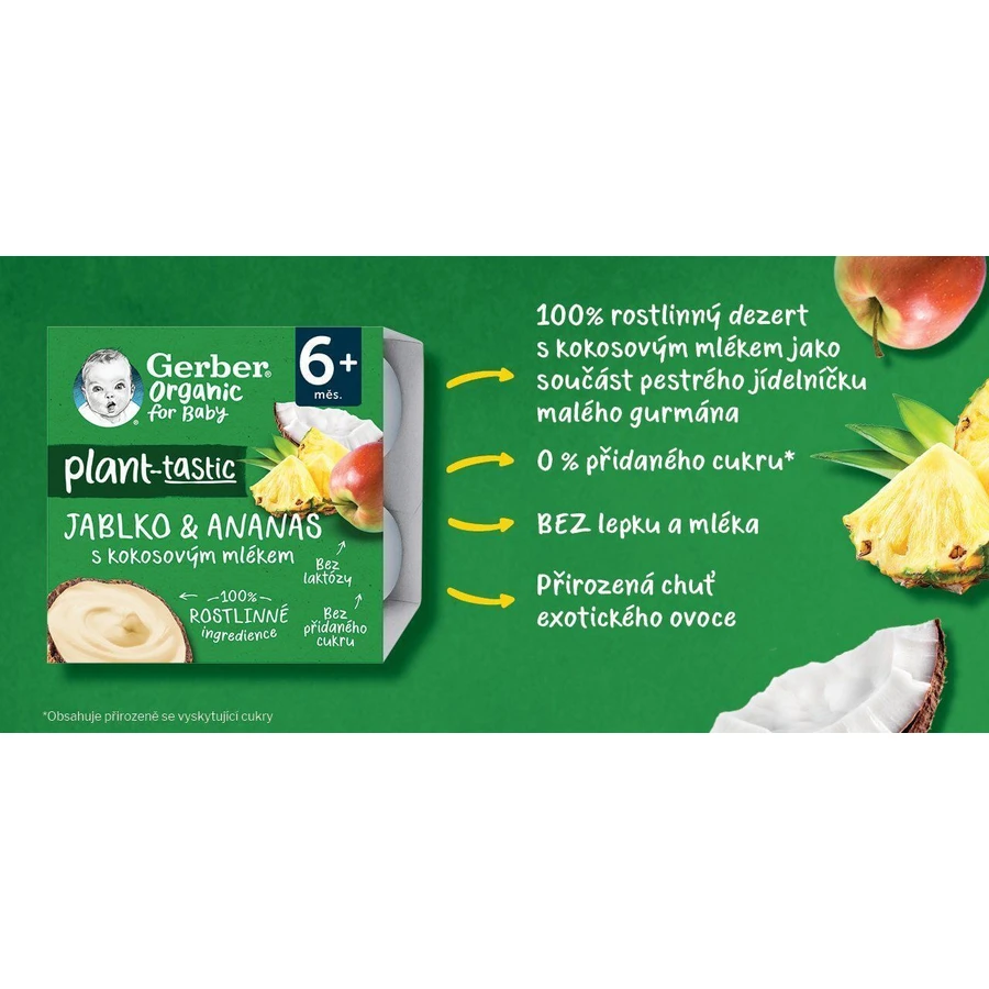 Gerber Organic 100% растительный десерт яблоко и ананас с кокосовым молоком кусочек 4 х 90 г: цены и характеристики