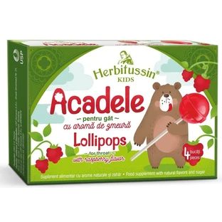 Гербитуссин Herbitussin Kids Acadele Lollipops со вкусом малины для детей 4+ лет, леденцы, 4 шт.
