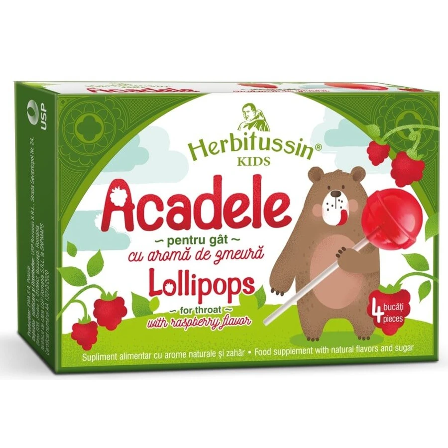 Гербитуссин Herbitussin Kids Acadele Lollipops со вкусом малины для детей 4+ лет, леденцы, 4 шт.: цены и характеристики