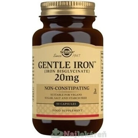 Solgar Gentle Iron 20 мг елезо (бісгліцинат заліза) дрібнодисперсний для вголос 90 капсул 1×90 cps, харчова добавка: ціни та характеристики