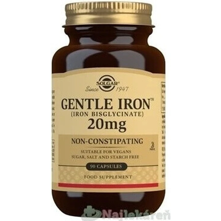 Solgar Gentle Iron 20 мг елезо (бісгліцинат заліза) дрібнодисперсний для вголос 90 капсул 1×90 cps, харчова добавка: ціни та характеристики