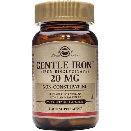 Solgar Gentle Iron 20 мг елезо (бісгліцинат заліза) дрібнодисперсний для вголос 90 капсул 1×90 cps, харчова добавка: ціни та характеристики