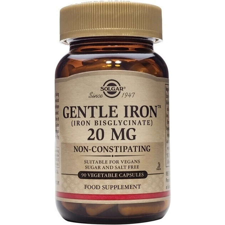 Solgar Gentle Iron 20 мг елезо (бісгліцинат заліза) дрібнодисперсний для вголос 90 капсул 1×90 cps, харчова добавка: ціни та характеристики