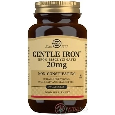 Solgar Gentle Iron 20 мг елезо (бісгліцинат заліза) дрібнодисперсний для вголос 90 капсул 1×90 cps, харчова добавка: ціни та характеристики