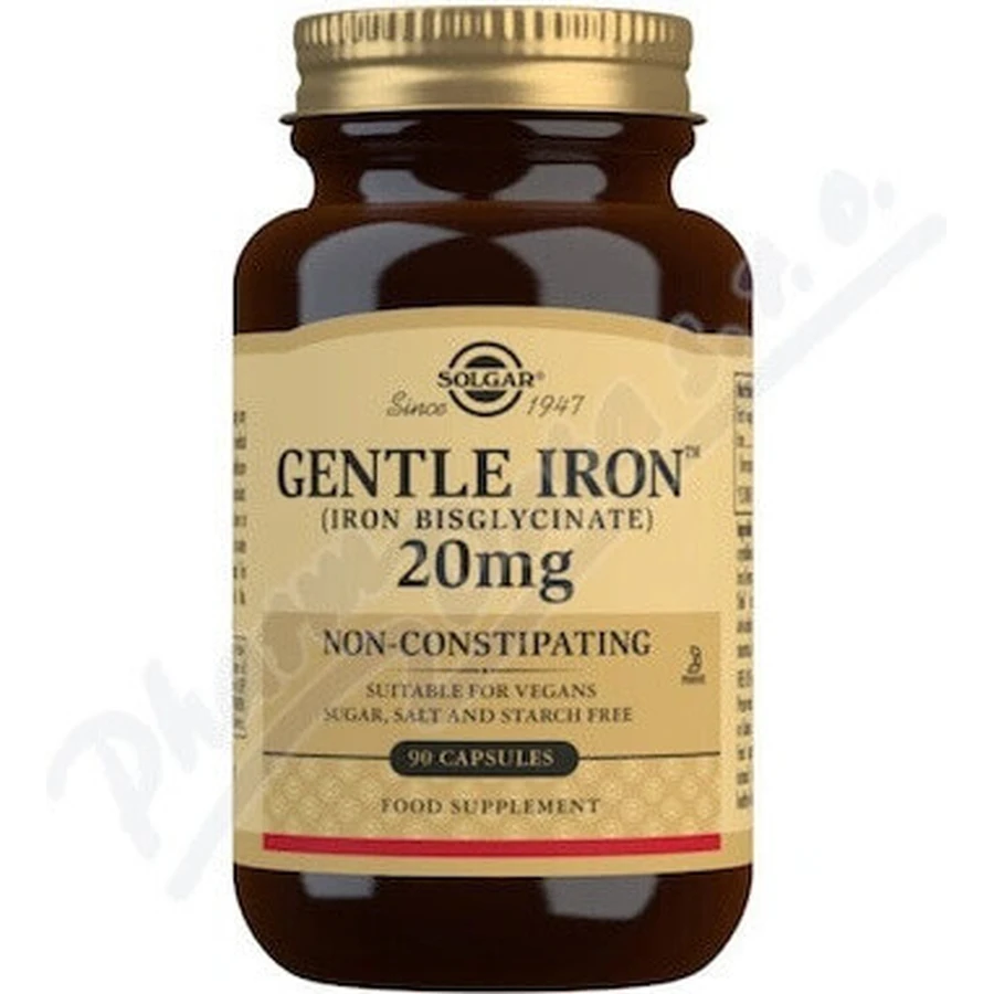 Solgar Gentle Iron 20 мг елезо (бісгліцинат заліза) дрібнодисперсний для вголос 90 капсул 1×90 cps, харчова добавка: ціни та характеристики