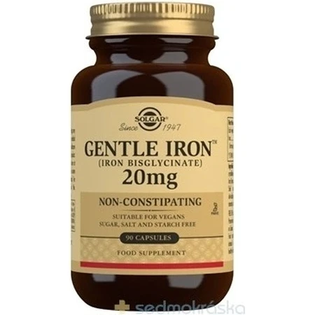 Solgar Gentle Iron 20 мг елезо (бісгліцинат заліза) дрібнодисперсний для вголос 90 капсул 1×90 cps, харчова добавка: ціни та характеристики