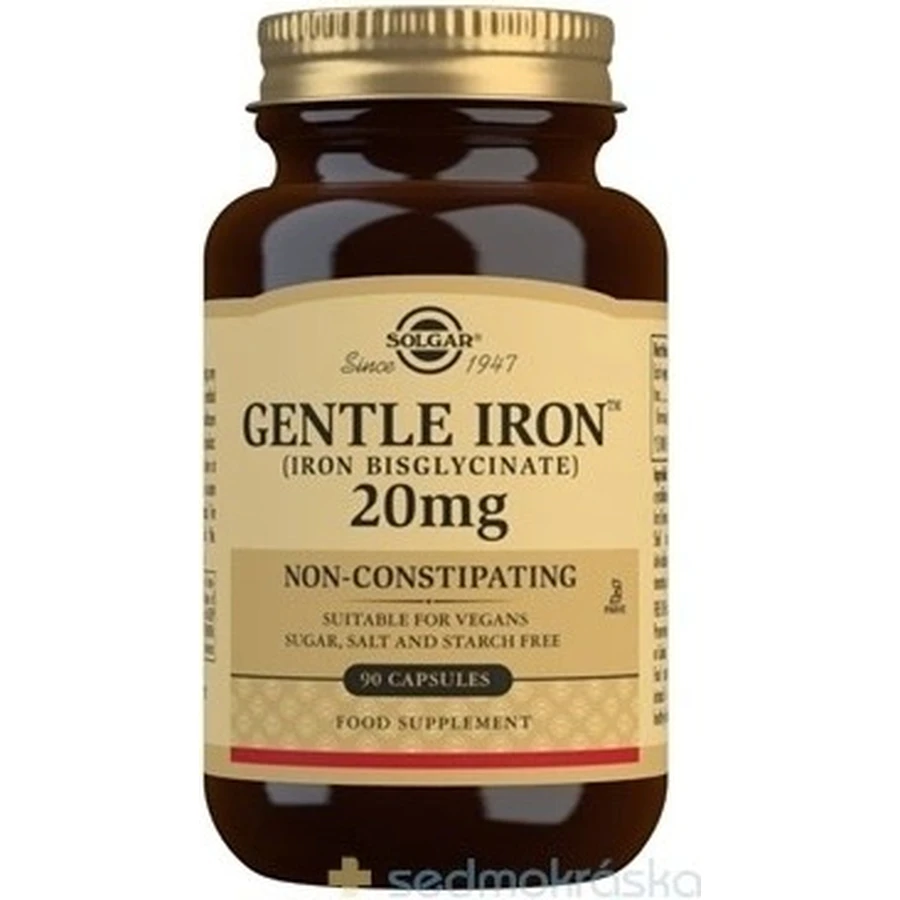 Solgar Gentle Iron 20 мг елезо (бісгліцинат заліза) дрібнодисперсний для вголос 90 капсул 1×90 cps, харчова добавка: ціни та характеристики