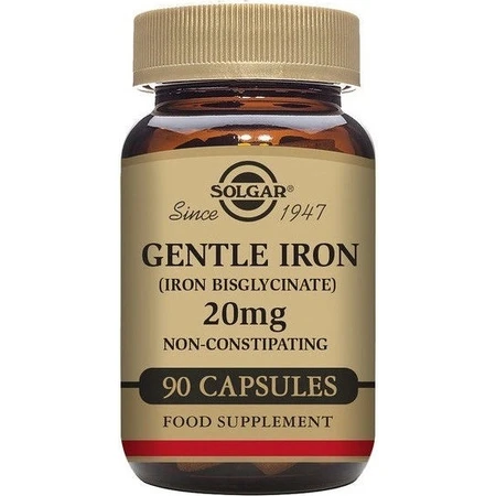 Solgar Gentle Iron 20 мг елезо (бісгліцинат заліза) дрібнодисперсний для вголос 90 капсул 1×90 cps, харчова добавка: ціни та характеристики