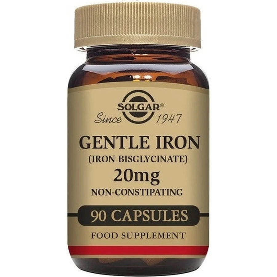 Solgar Gentle Iron 20 мг елезо (бісгліцинат заліза) дрібнодисперсний для вголос 90 капсул 1×90 cps, харчова добавка: ціни та характеристики