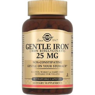 Solgar Gentle Iron 20 мг елезо (бісгліцинат заліза) дрібнодисперсний для вголос 90 капсул 1×90 cps, харчова добавка