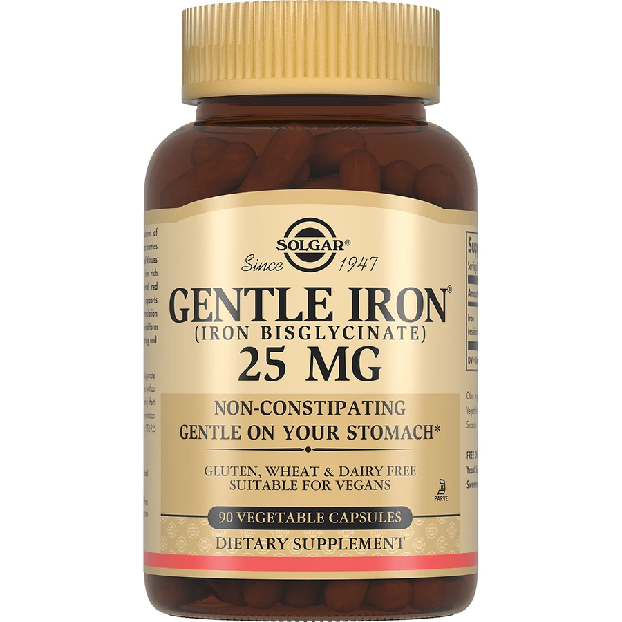Solgar Gentle Iron 20 мг елезо (бісгліцинат заліза) дрібнодисперсний для вголос 90 капсул 1×90 cps, харчова добавка: ціни та характеристики
