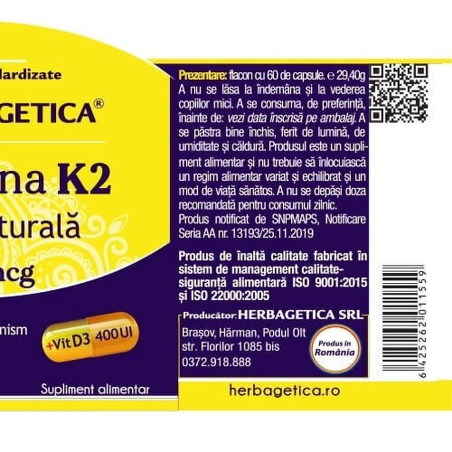 Вітамін К2 МК7 натуральний 120 мкг Herbagetica, 60 капсул: ціни та характеристики