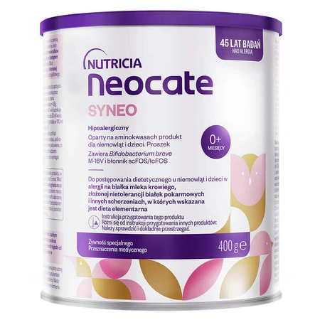 Neocate Syneo, для немовлят та дітей з алергією на білок коров'ячого молока та харчовою непереносимістю, з народження, порошок, 400 г: ціни та характеристики