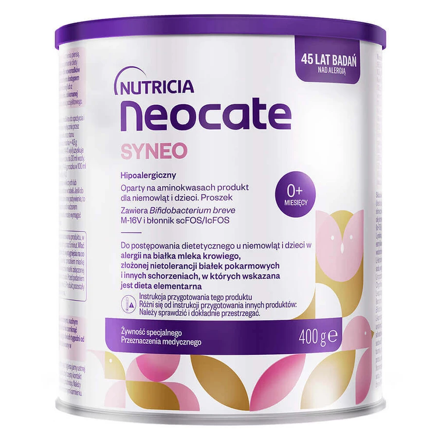 Neocate Syneo, для немовлят та дітей з алергією на білок коров'ячого молока та харчовою непереносимістю, з народження, порошок, 400 г: ціни та характеристики