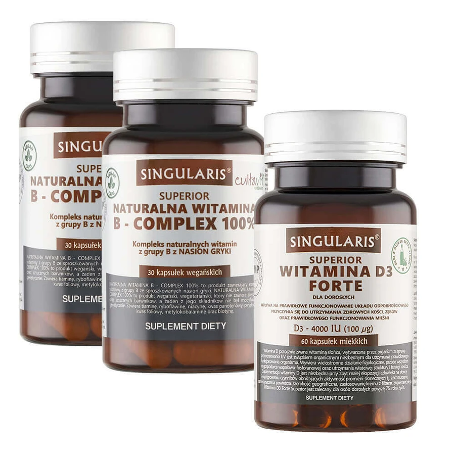 Набір Singularis Superior Natural Vitamin B- Complex 100%, 2 x 30 капсул + Вітамін D3 Forte 4000 МО, 60 мікрокапсул безкоштовно: ціни та характеристики