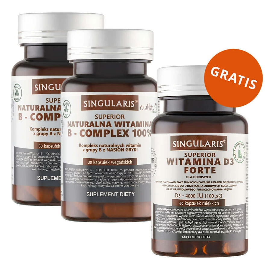 Набір Singularis Superior Natural Vitamin B- Complex 100%, 2 x 30 капсул + Вітамін D3 Forte 4000 МО, 60 мікрокапсул безкоштовно: ціни та характеристики