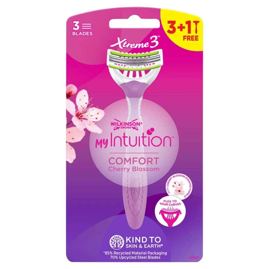 Wilkinson Sword Xtreme 3 My Intuition, бритва жіноча, одноразова, потрійне лезо, Comfort Cherry Blossom, 3 штуки + 1 безкоштовна: ціни та характеристики