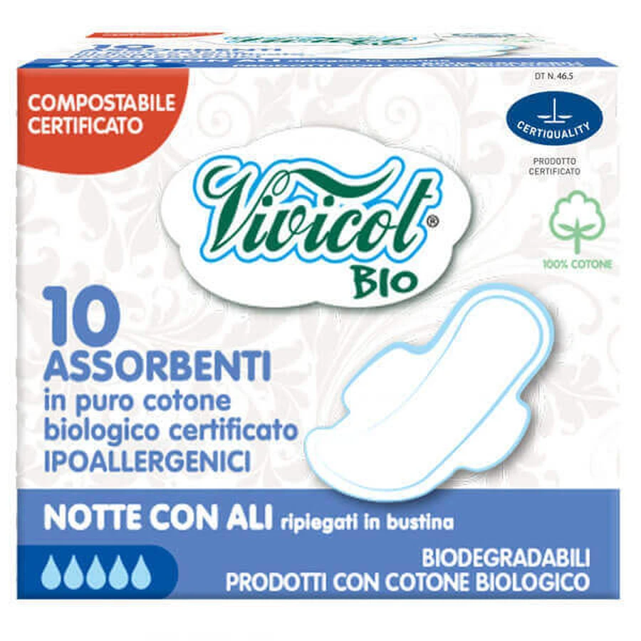 Vivicot Bio, органические ватные диски, с крылышками, компостируемые, на ночь, 10 штук: цены и характеристики