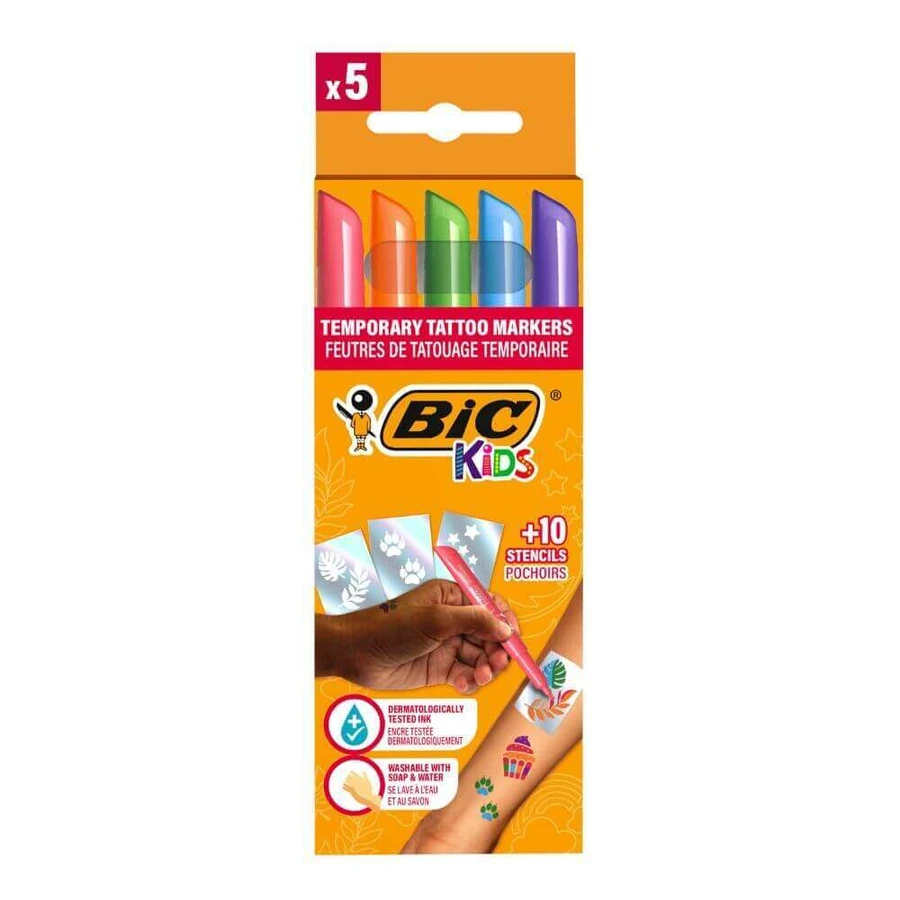 Детские временные татуировки, 6-12 лет, 5 маркеров + 10 штампов, BIC: цены и характеристики