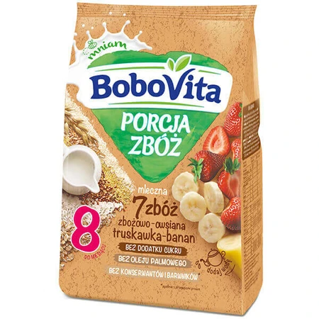 BoboVita Porcja Zbó злаково-овсяная каша 7 злаков, клубника-банан, молоко, без добавления сахара, после 8 месяцев, 210 г: цены и характеристики